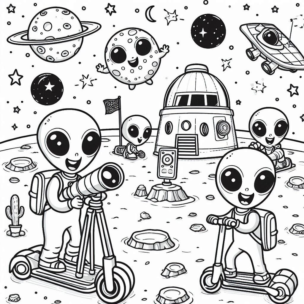 Space Aliens on Scooters Coloring Sheet
