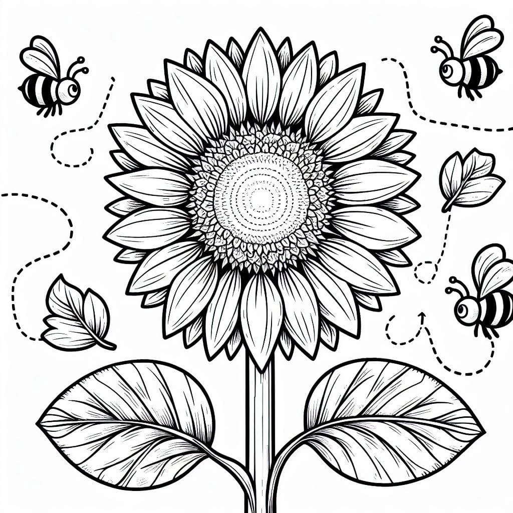 Sunflower and Bees Coloring Page