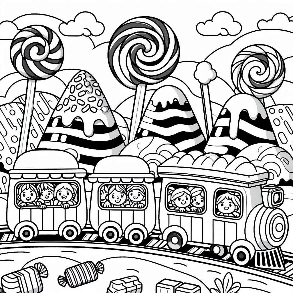 Candy Train in Sweet Mountains Coloring Sheet