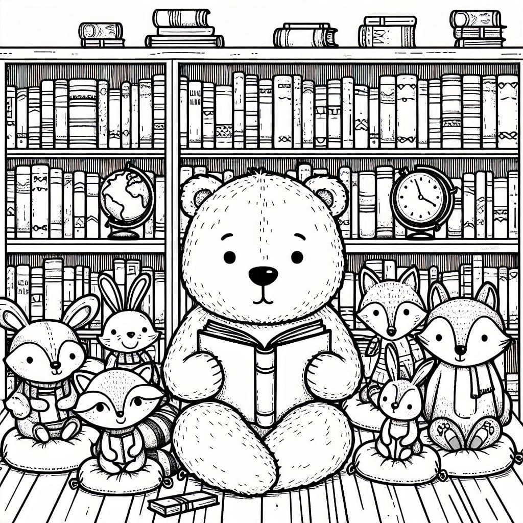 Cozy Library Animal Coloring Page