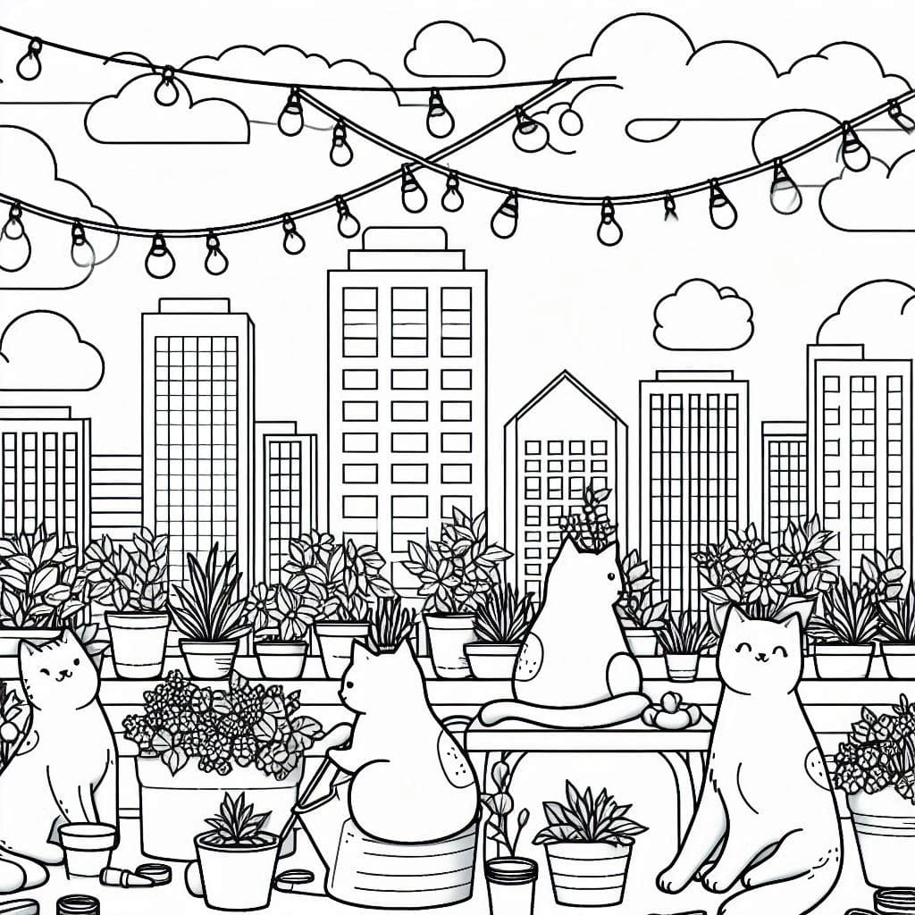 Rooftop Garden Cats Coloring Sheet