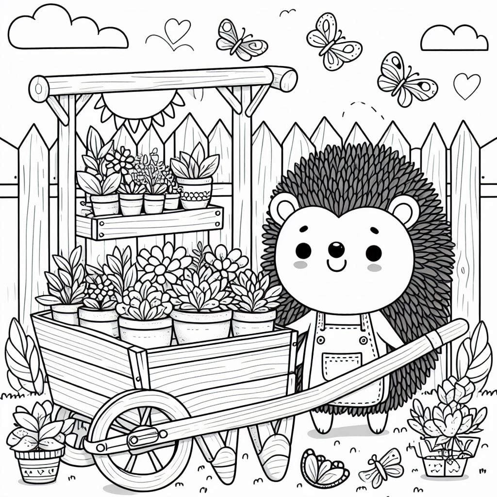 Hedgehog's Garden Cart Coloring Sheet