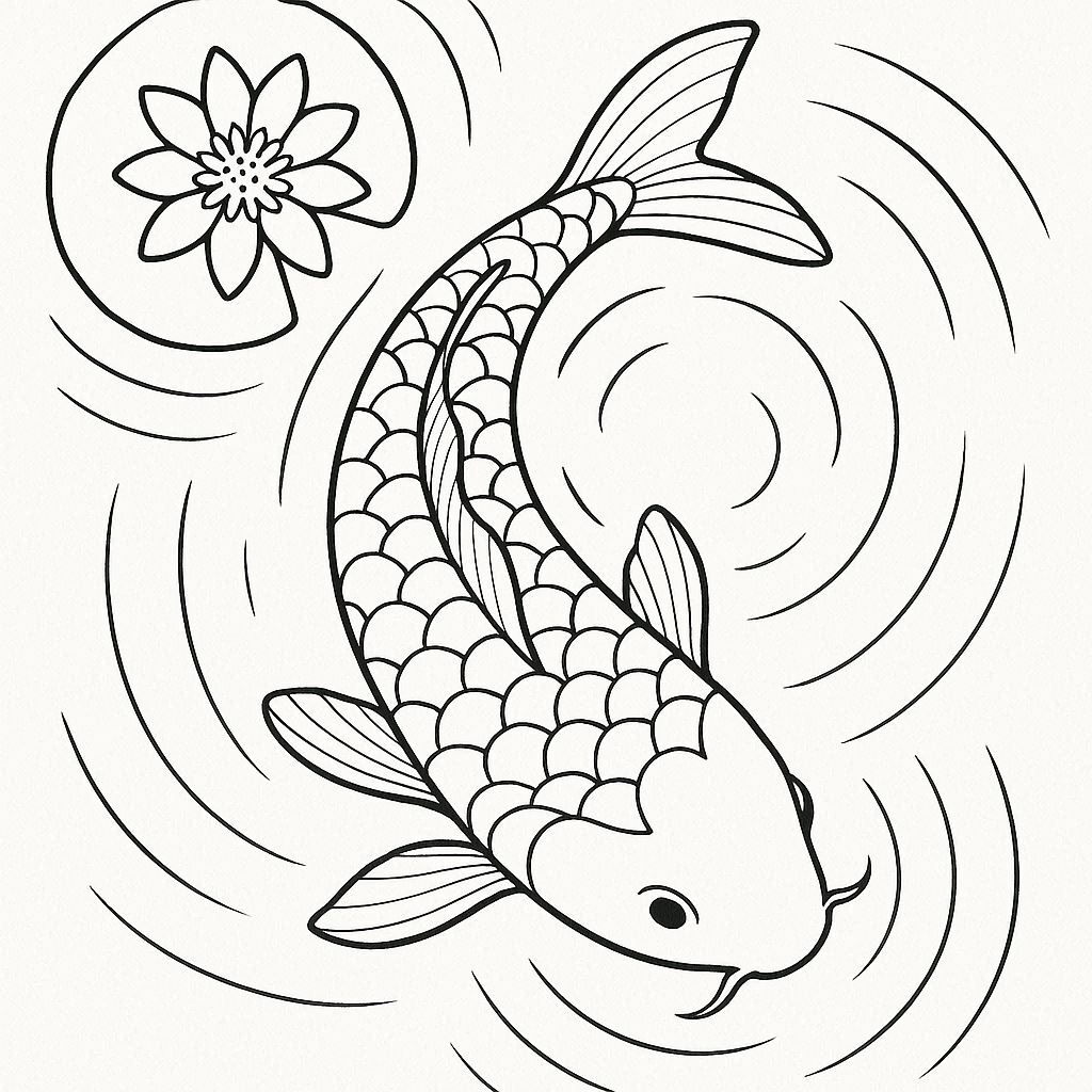 Beautiful Koi Fish Pond Coloring Page