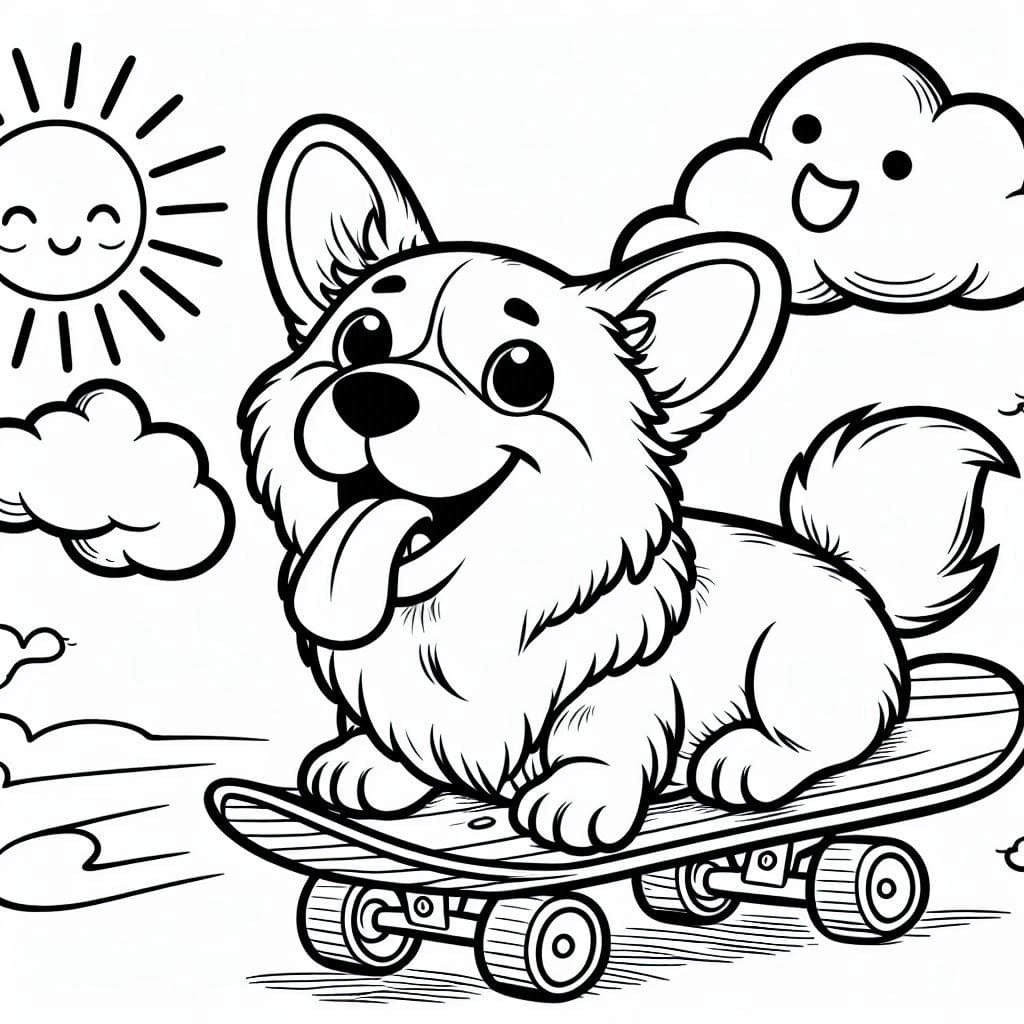 Corgi on a Skateboard Dog Coloring Page
