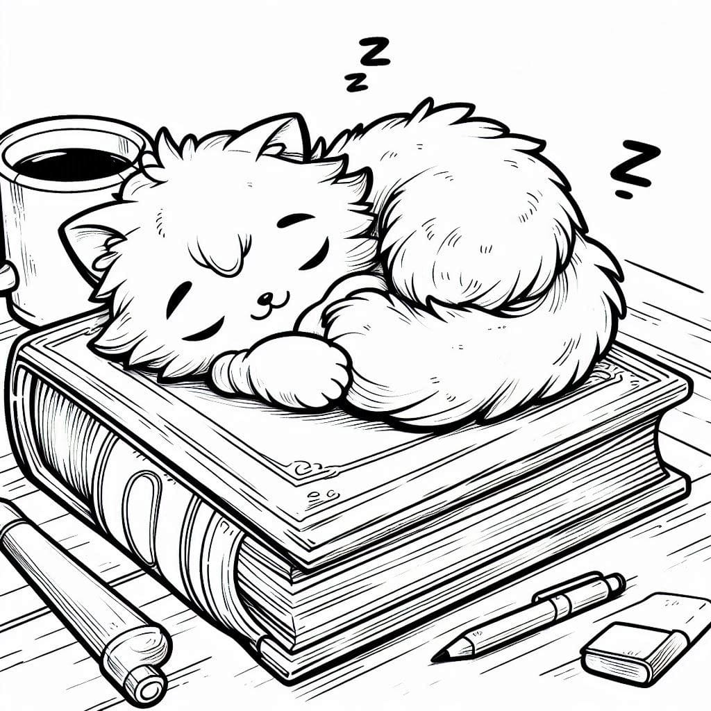 Cozy Sleeping Cat on Book Coloring Page