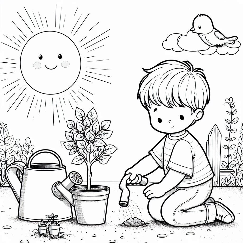 Creative Gardening Coloring Sheets with a Young Boy and Sunshine