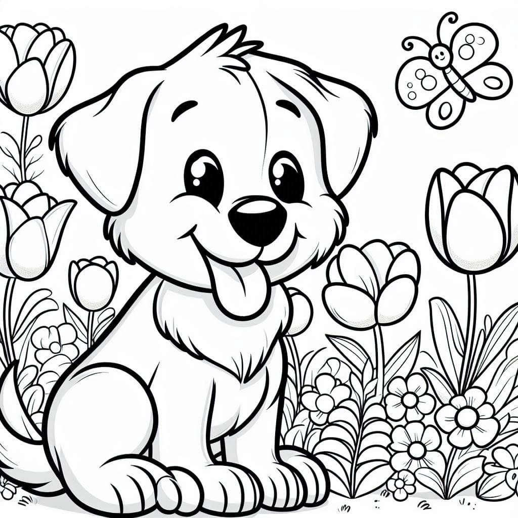 Cute Dog Coloring Pages with Flowers and Butterflies