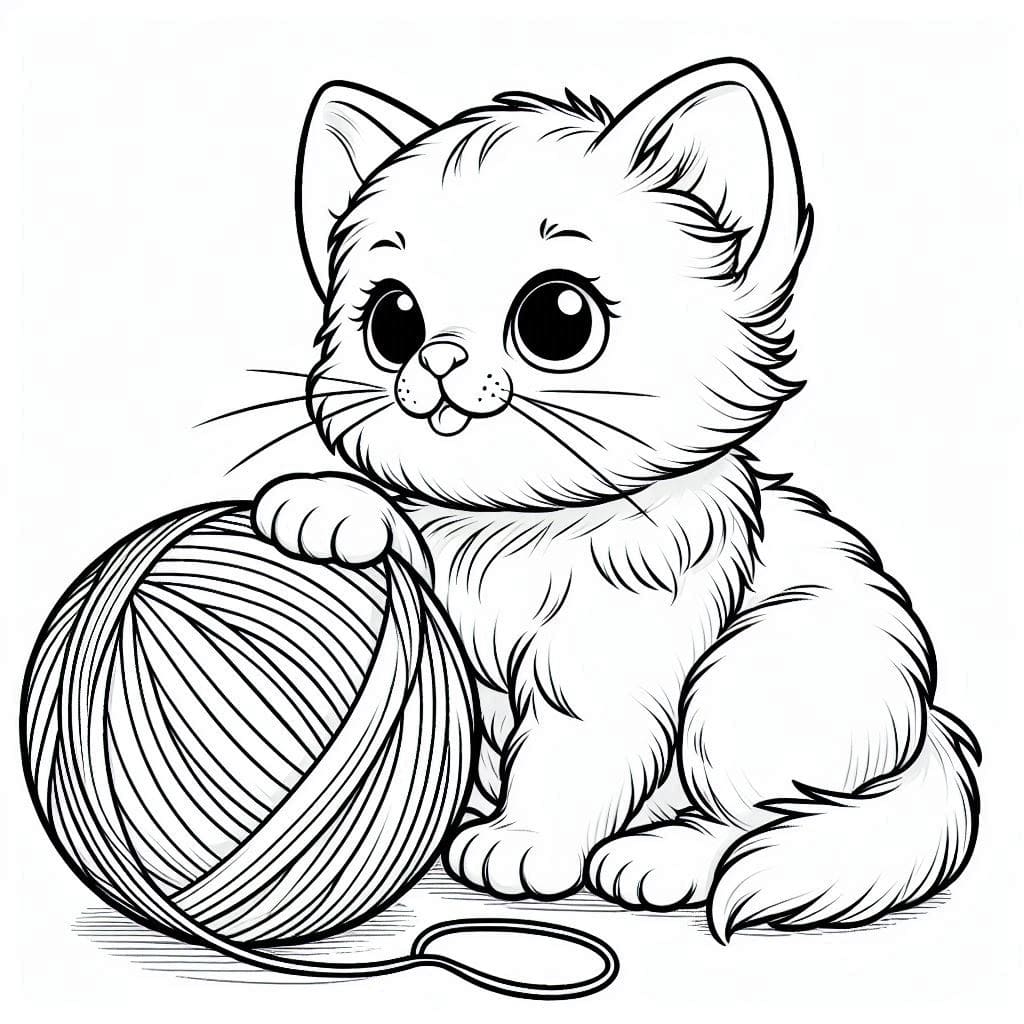 Cute Kitten Playing with a Ball of Yarn