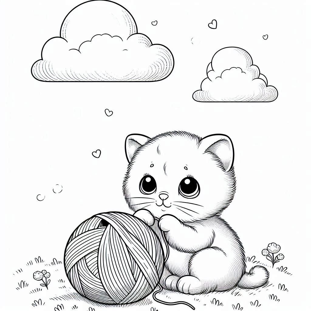 Cute Kitten with Yarn Ball Coloring Sheet