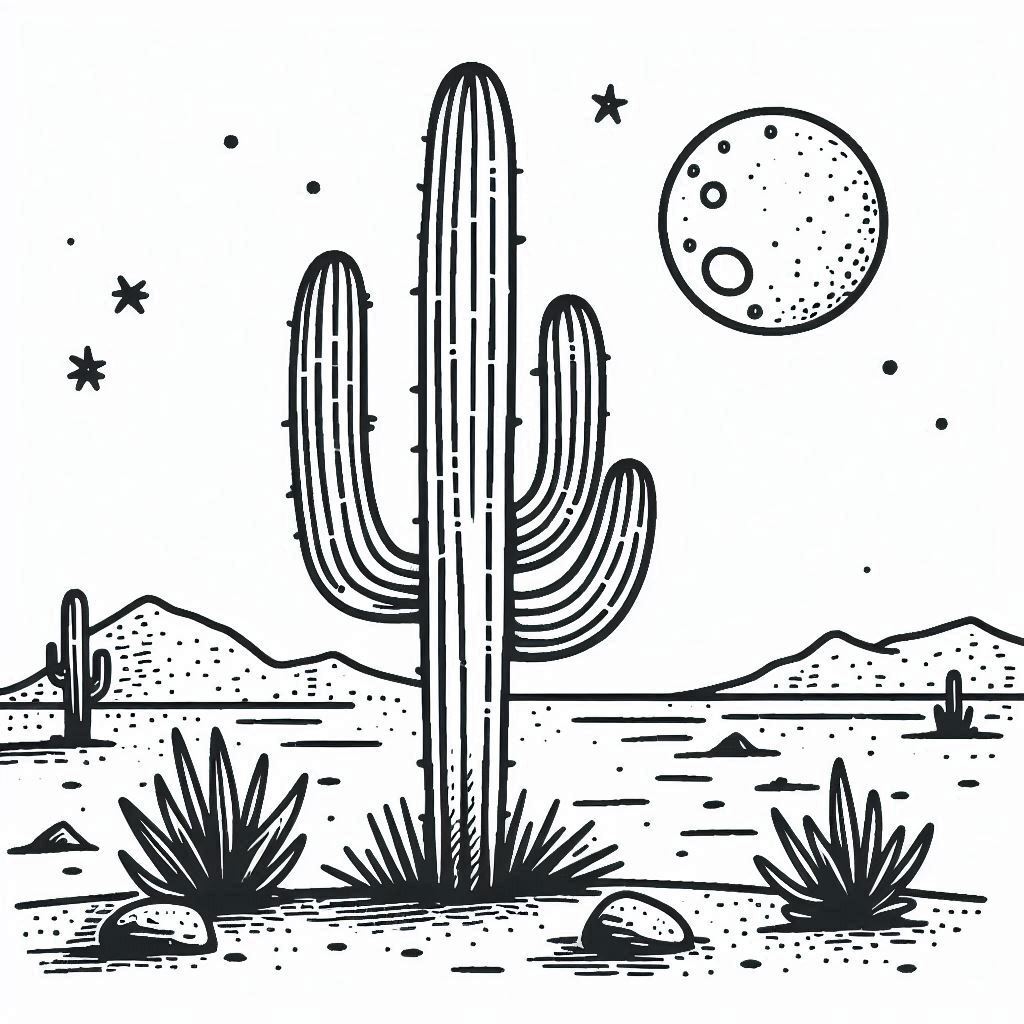 Desert Night Cactus Scene Coloring Page