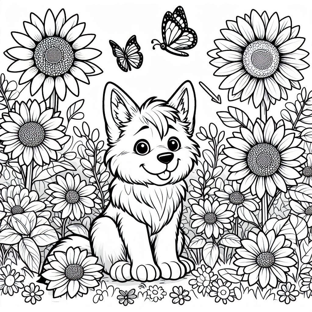 Dog coloring pages featuring a happy puppy in a sunflower field
