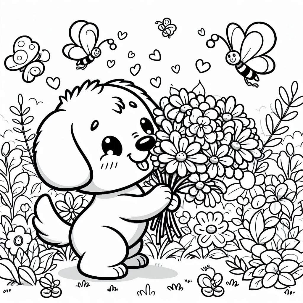 Dog-coloring-pages-with-a-happy-puppy-in-a-garden.jpg