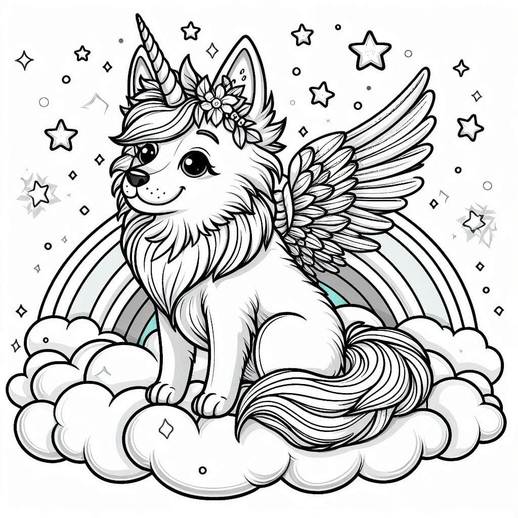 Dog coloring pages with a magical unicorn pup on clouds
