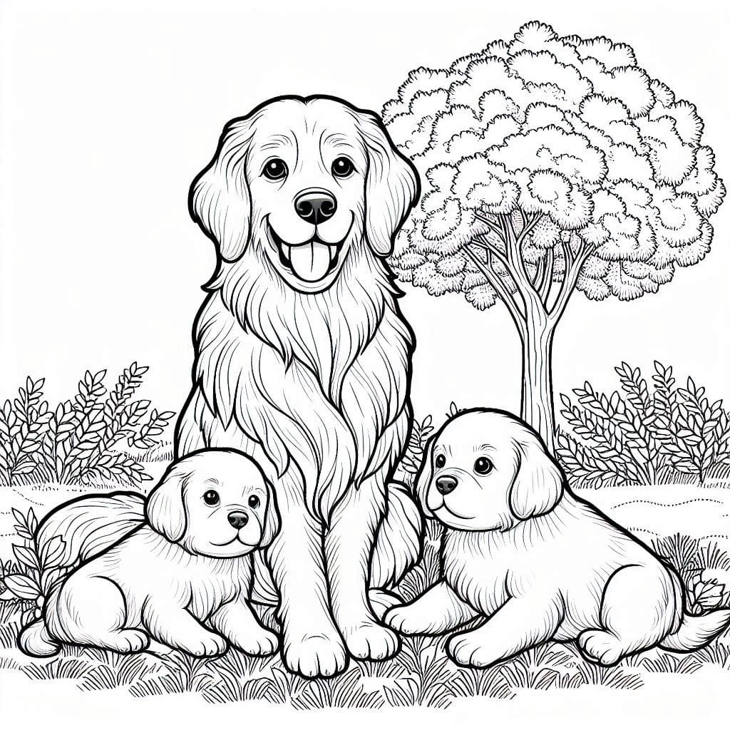 Dog coloring pages with a sweet golden family in nature