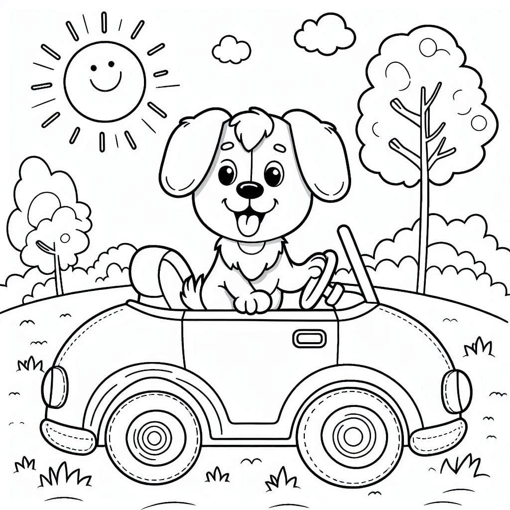 Fun Dog Coloring Pages of a Puppy Driving a Car