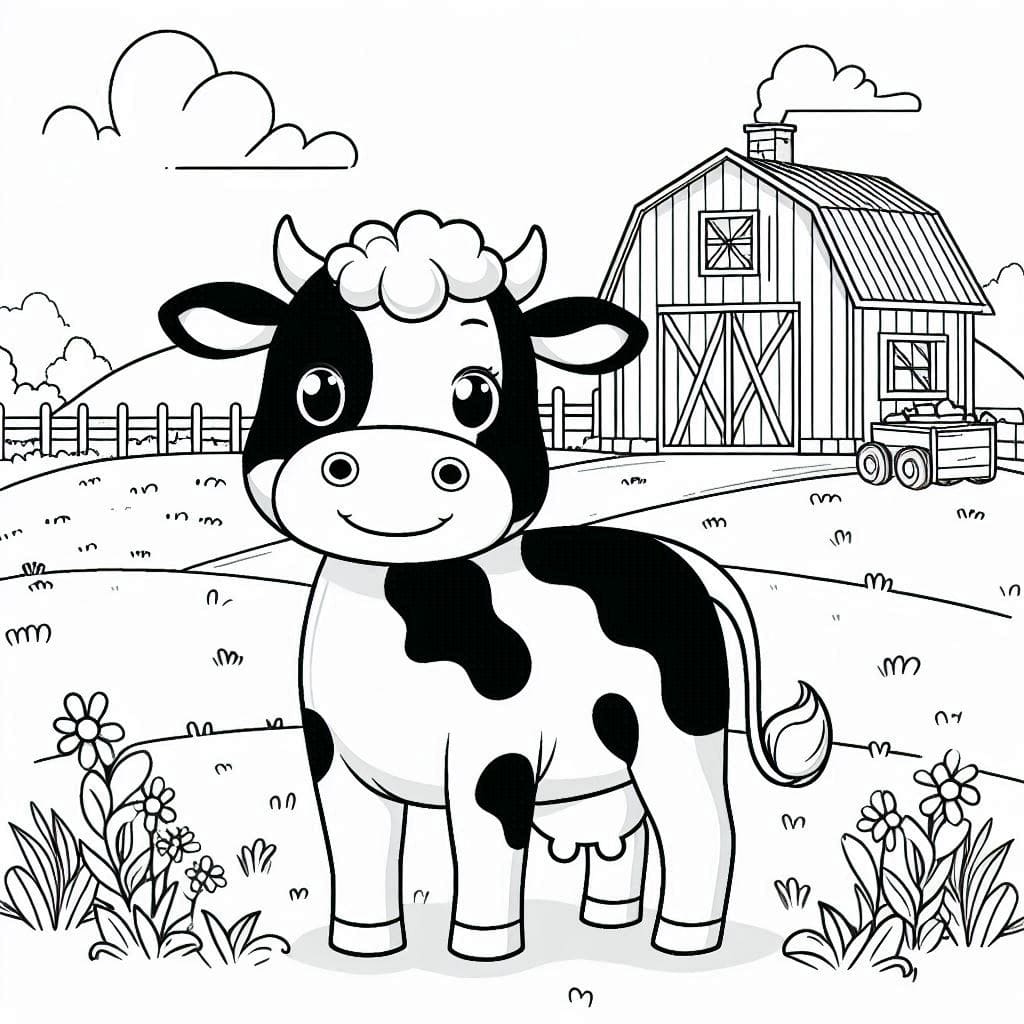 Happy Farm Cow in Front of a Barn