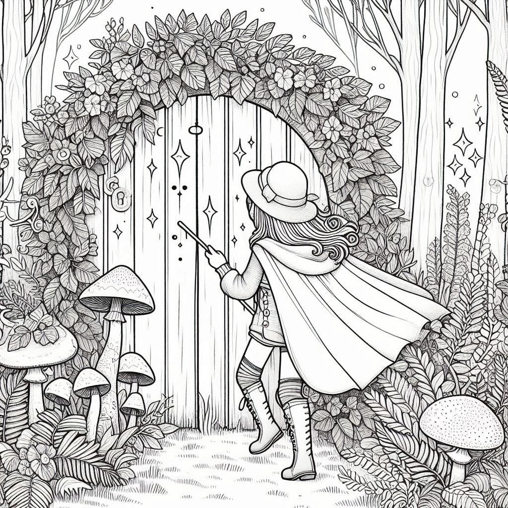 Magical Forest Door Coloring Sheets with a Girl Explorer