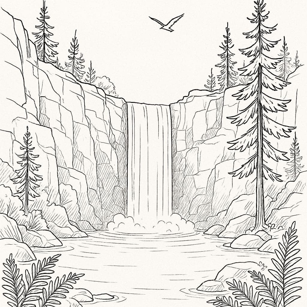 Majestic Waterfall View Coloring Pages