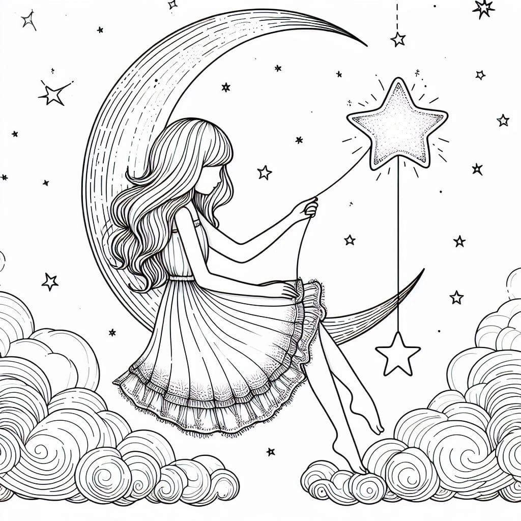 Moon Girl Holding a Star Coloring Pages