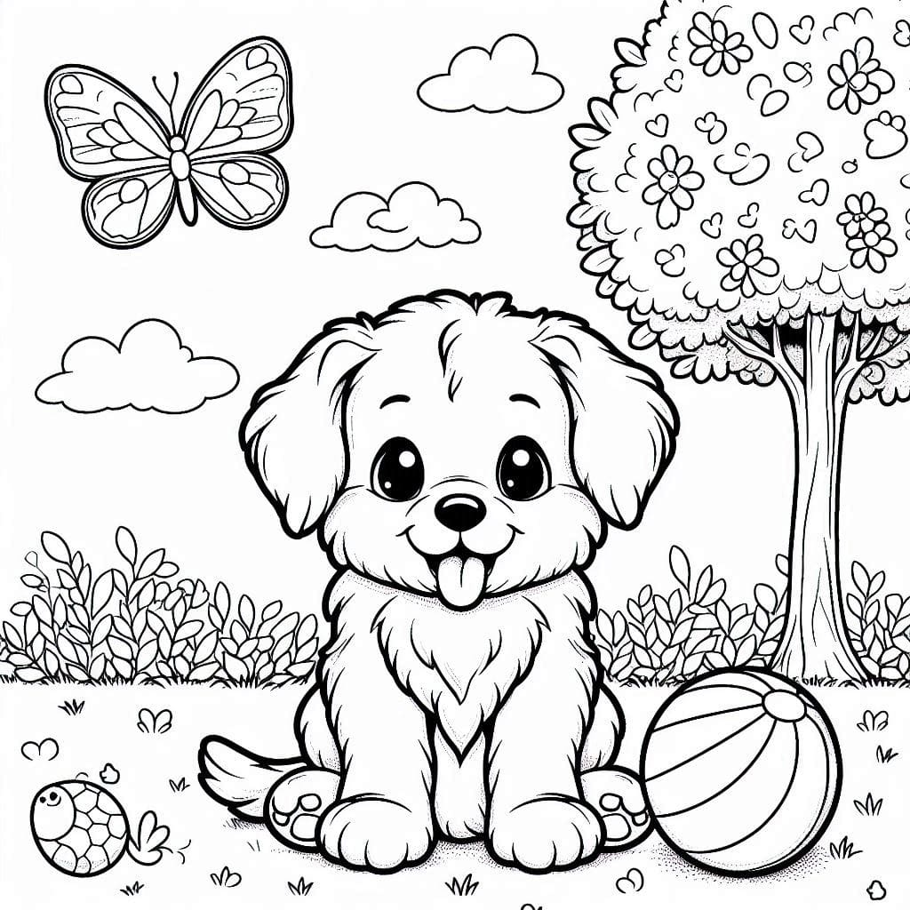 Playful Dog Coloring Pages with Ball and Butterfly