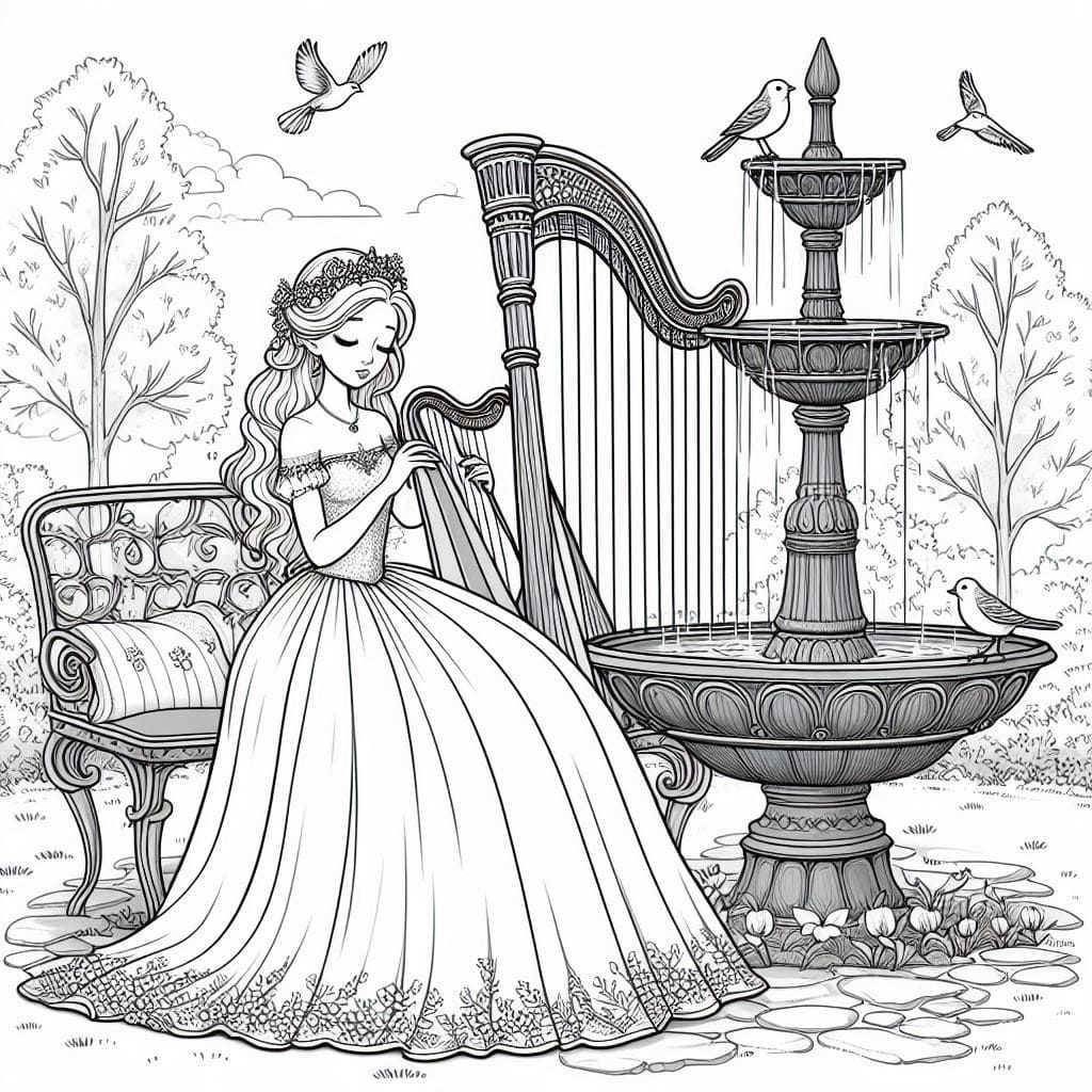 Princess by the Fountain Coloring Page