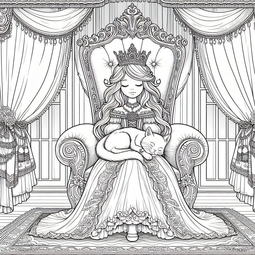 Princess with Cat in Royal Chair Coloring Page