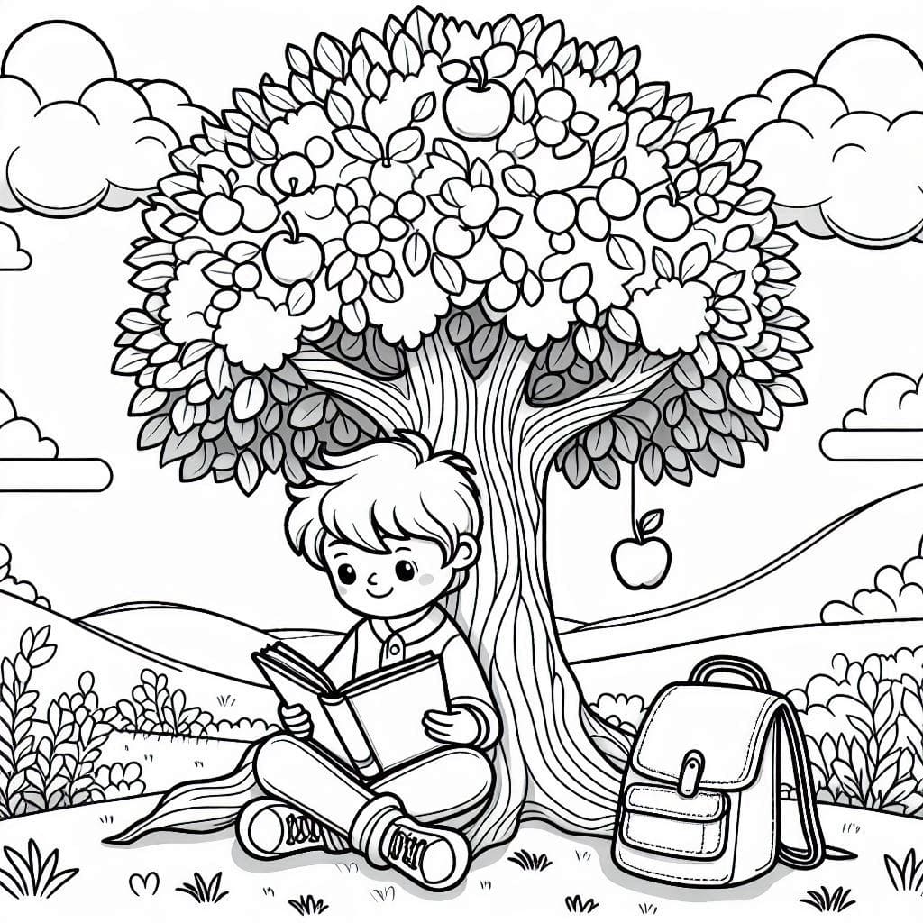 Boy Reading Under Apple Tree Coloring Sheets