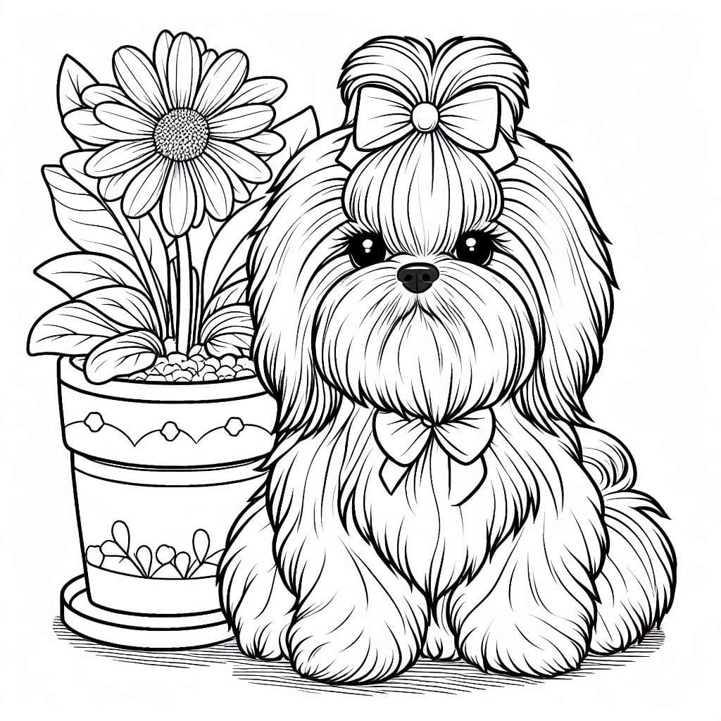Shih Tzu with Flowers Dog Coloring Page