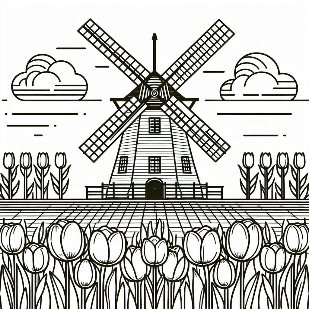 Tulip Fields and Windmill Coloring Sheet