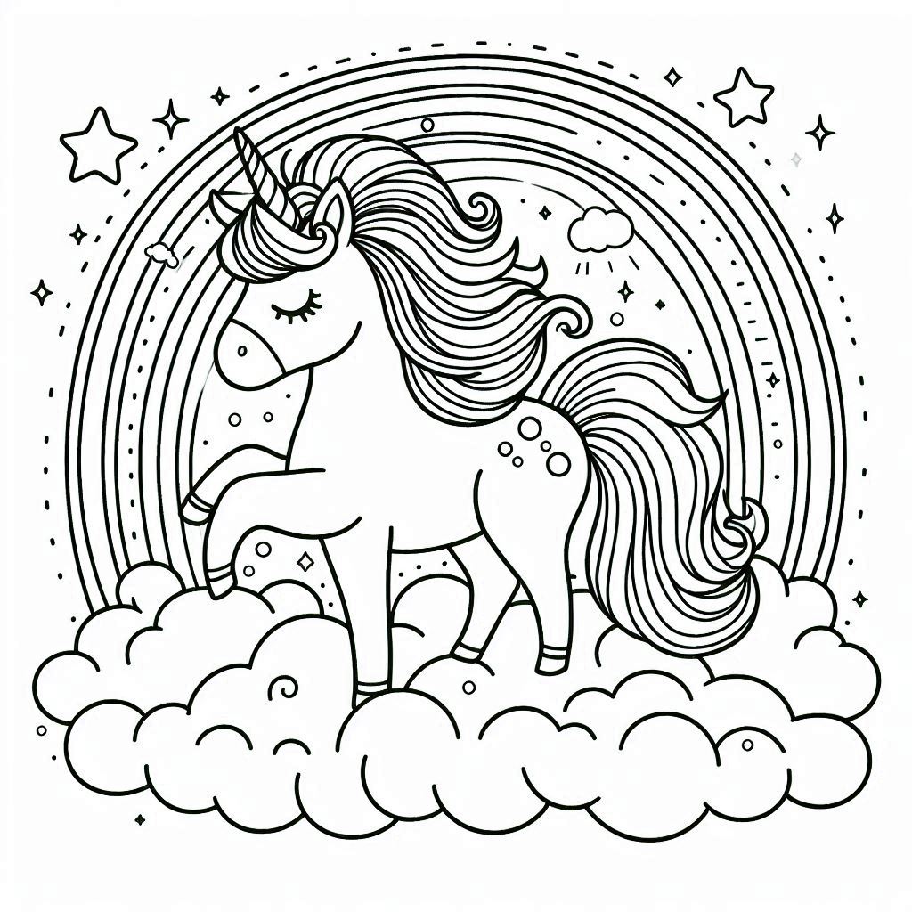 A dreamy unicorn under a rainbow sky.