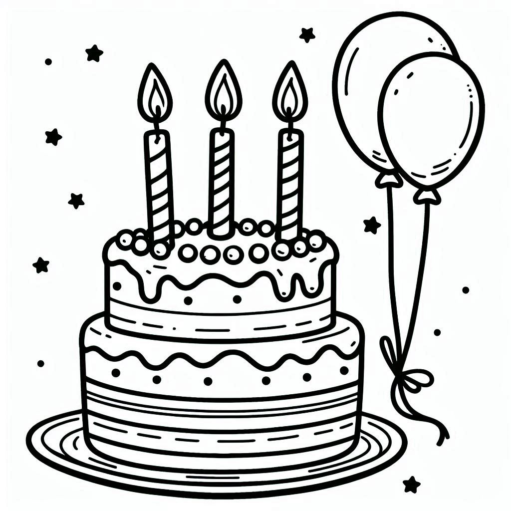 A festive cake with candles and balloons.