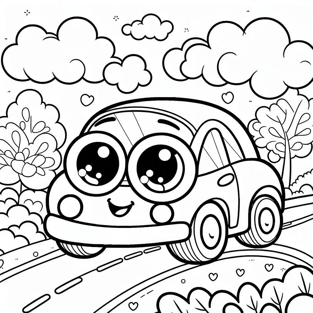 A smiling car driving down a fun road.