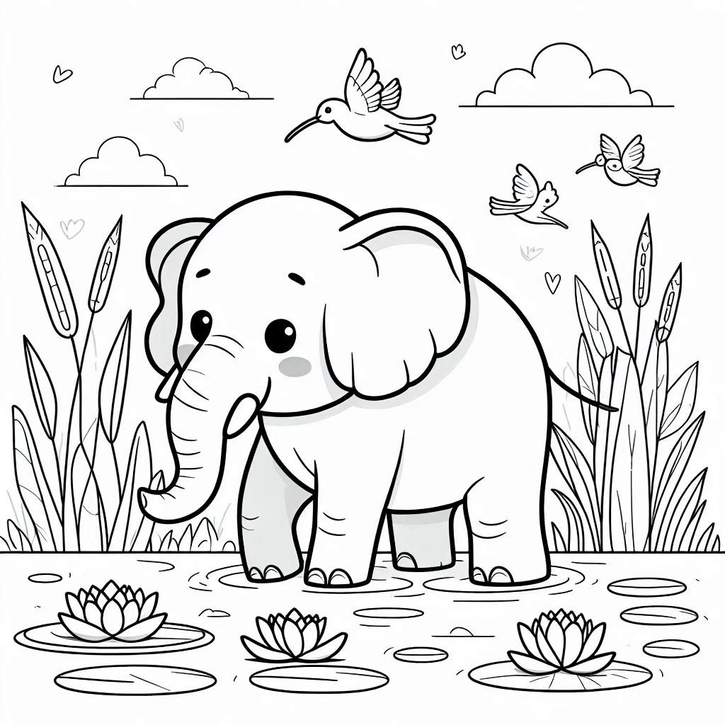 Baby elephant coloring page near the pond