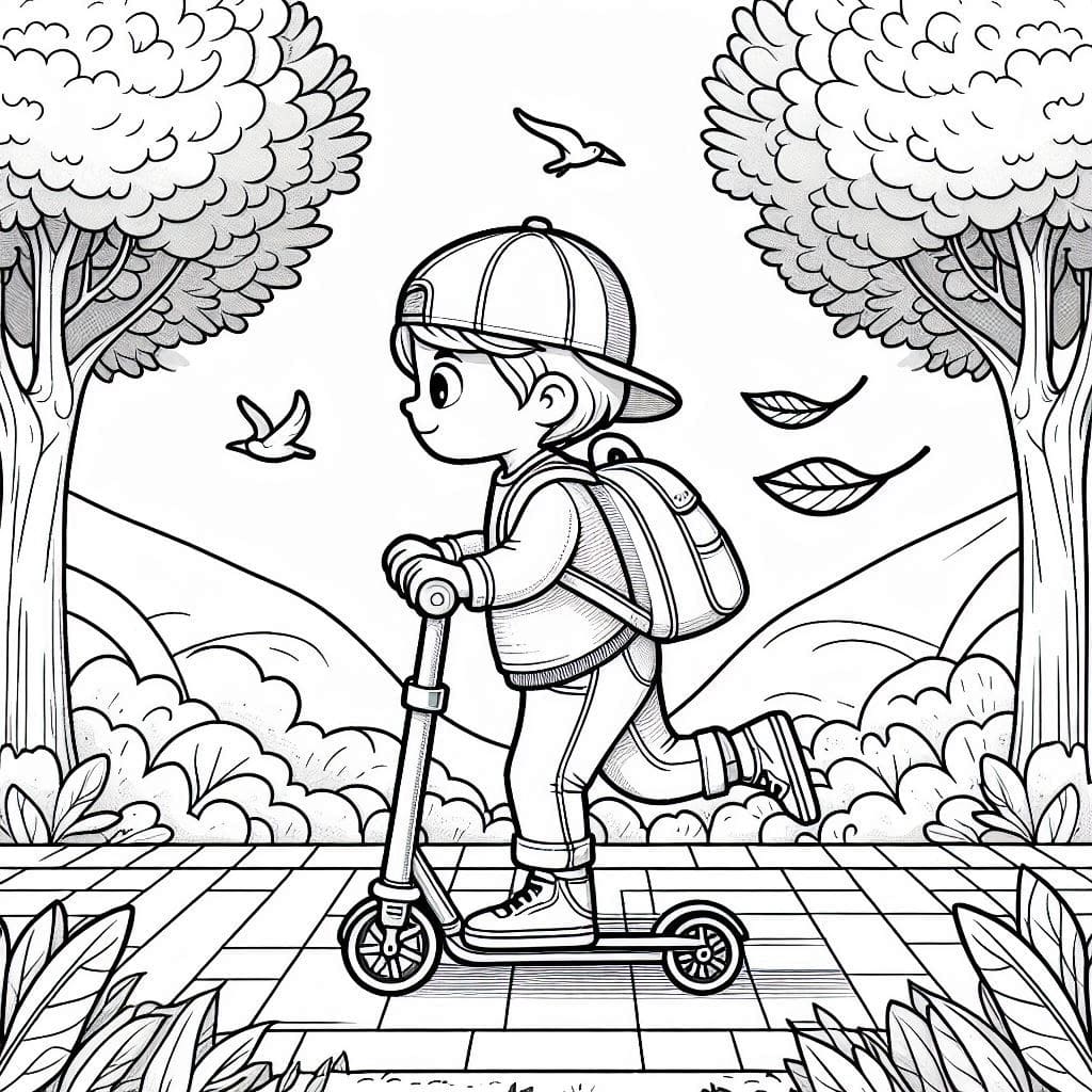Boy riding scooter coloring pages printable