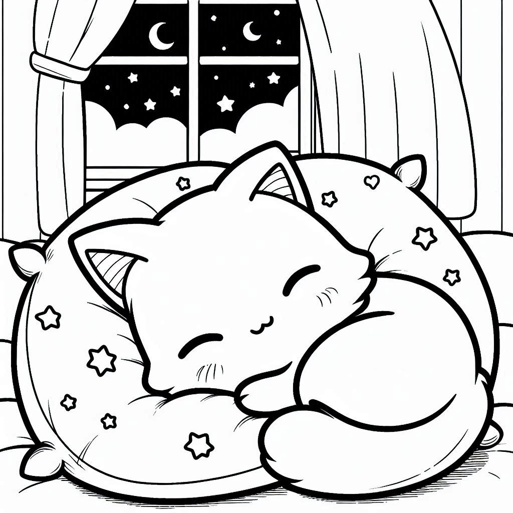 Cozy Night Cat Coloring Sheets with Dreamy Stars