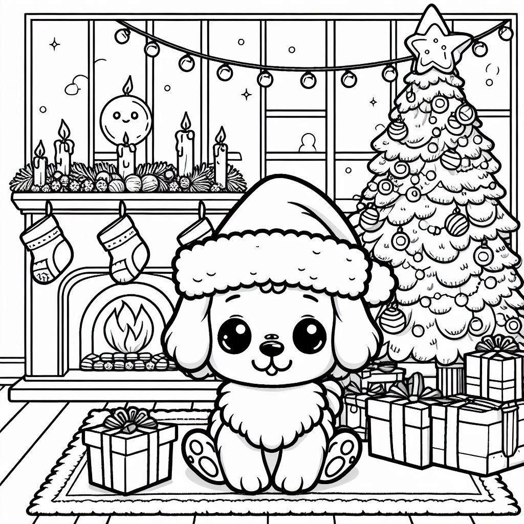 Family dog coloring sheet by fireplace
