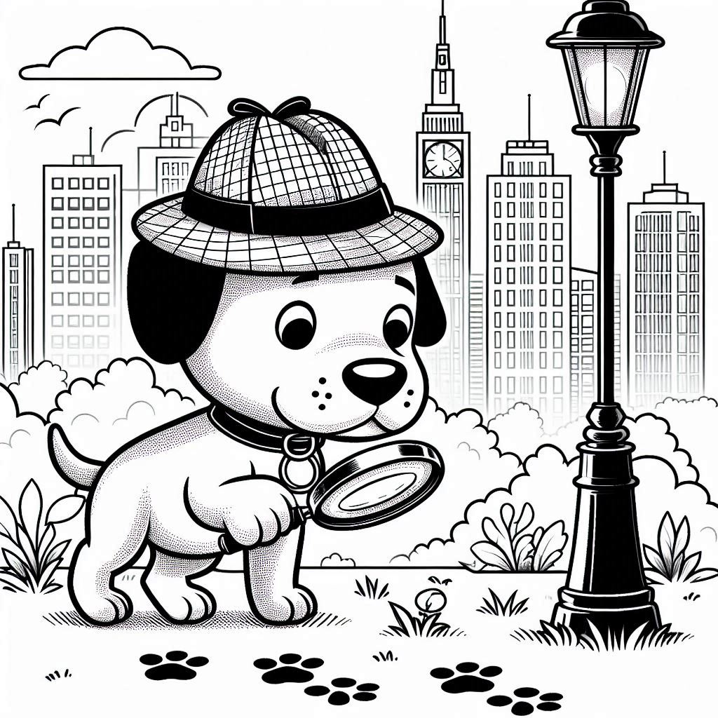 Detective dog coloring pages with city footprints