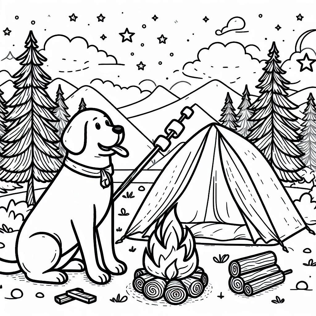 Dog coloring pages of a happy dog resting near campfire