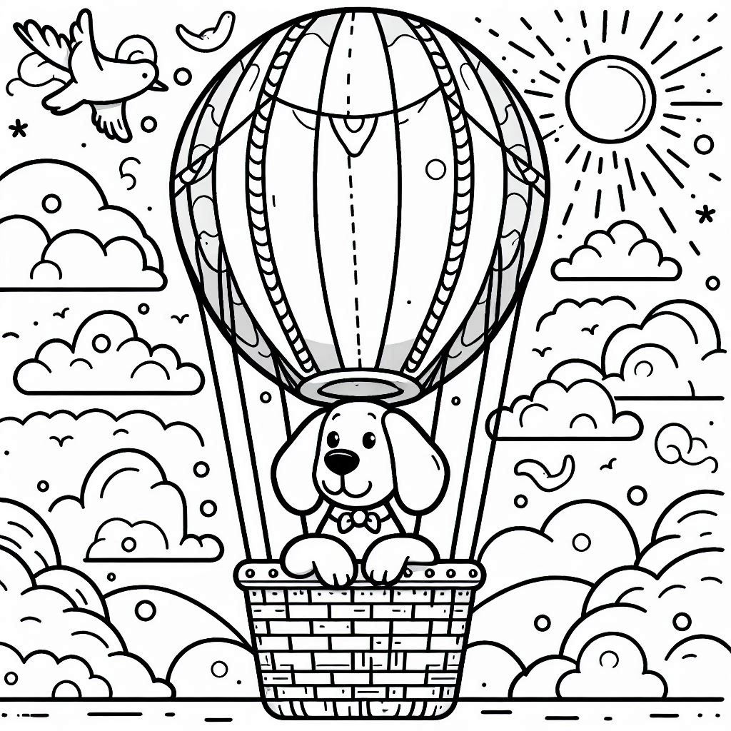 Dog coloring pages of a puppy floating high in hot air balloon