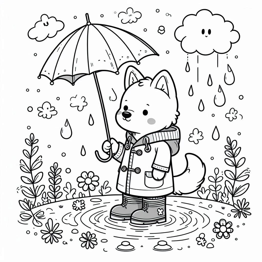 Dog coloring pages of a puppy holding umbrella in rain