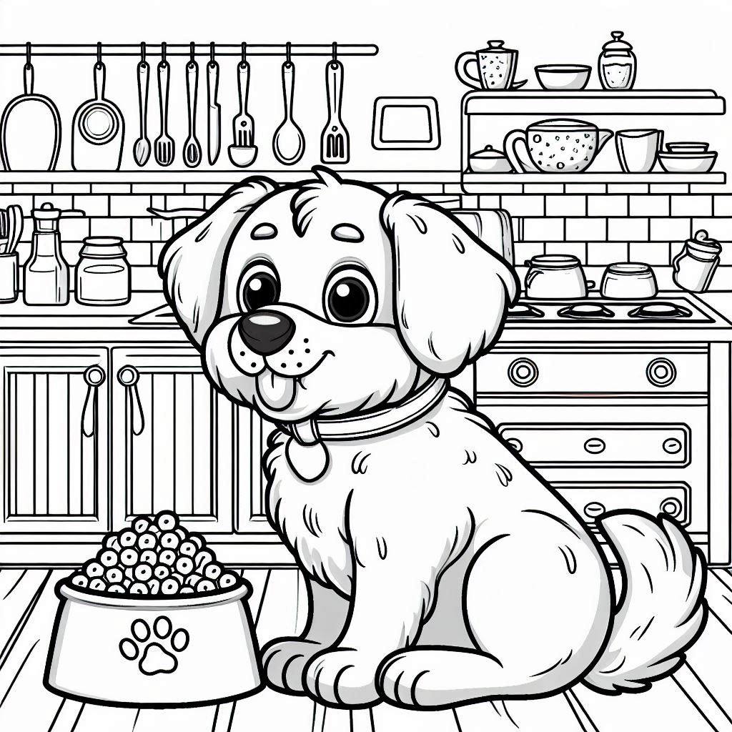 [Image: Dog-coloring-pages-of-a-smiling-puppy-near-food.jpg]
