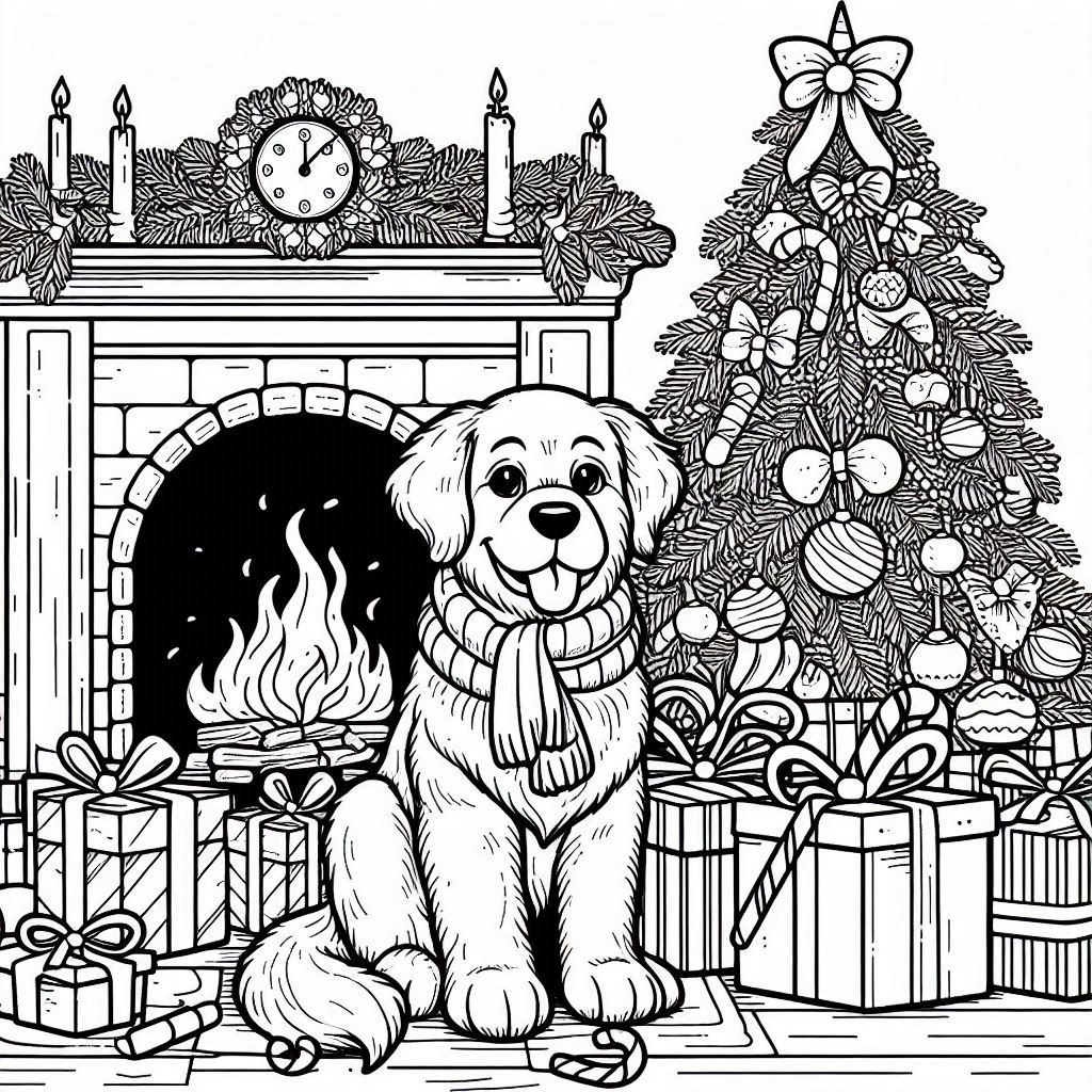 Dog coloring pages with festive puppy by tree and fireplace