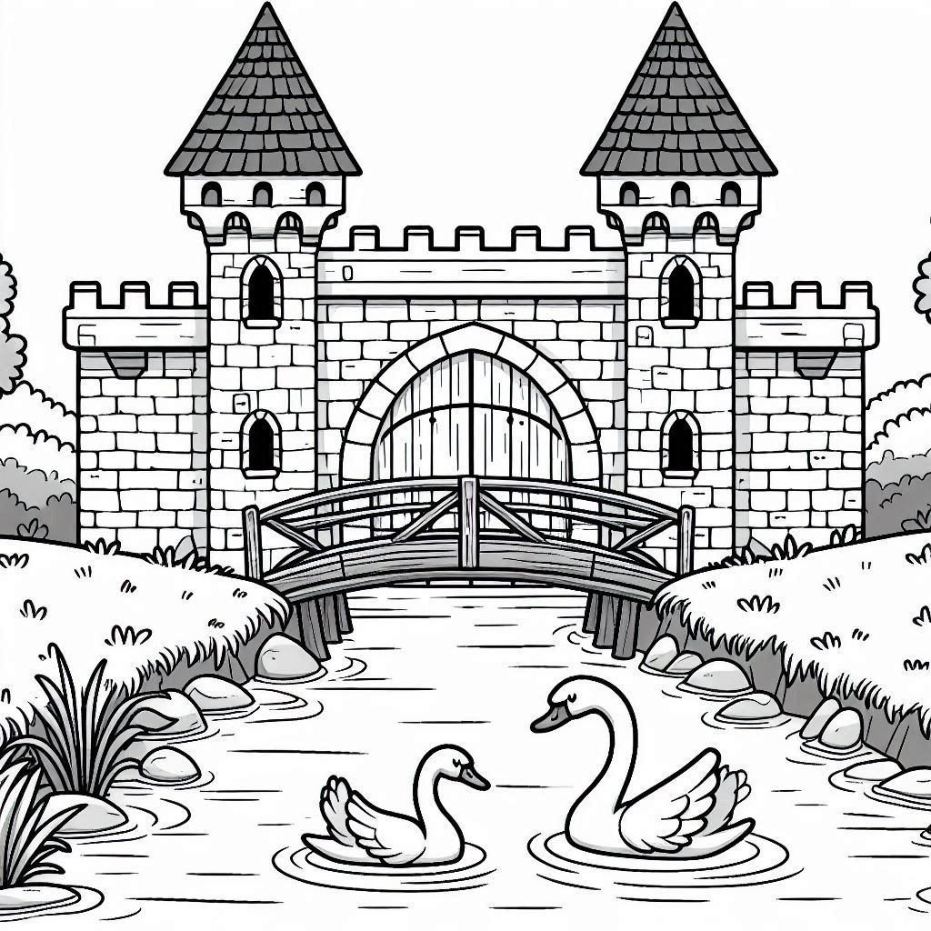 Enchanted Castle and Swan Pond Coloring Pages