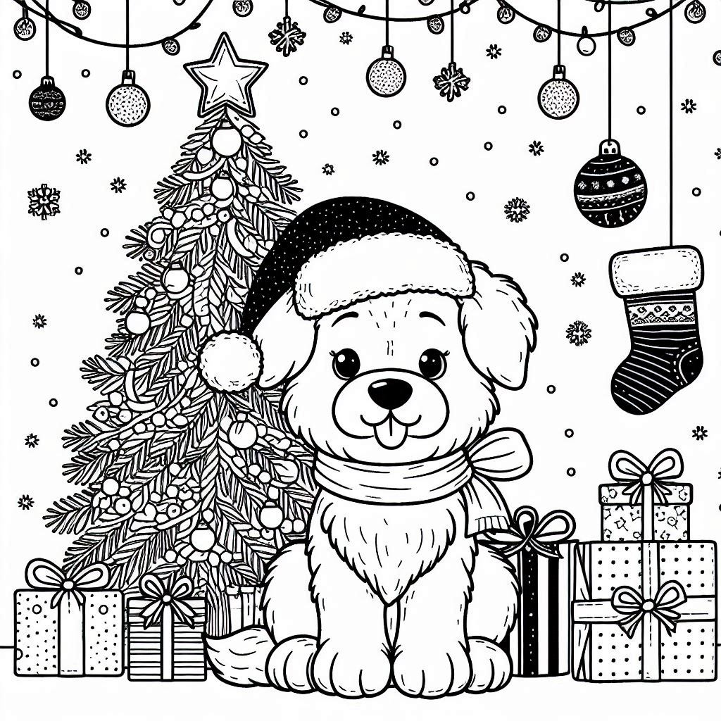Festive dog coloring pages with gifts and Christmas tree