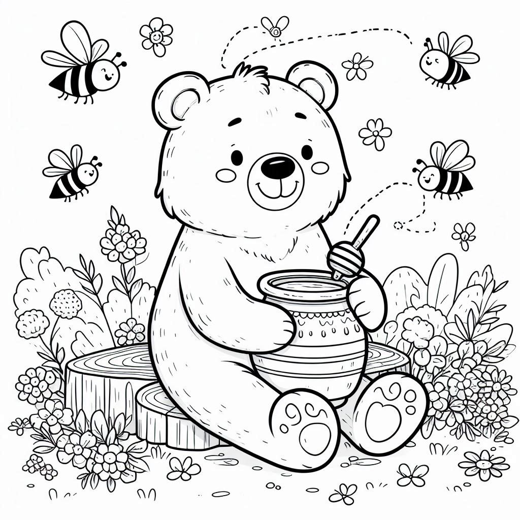 Friendly bear and bees coloring page