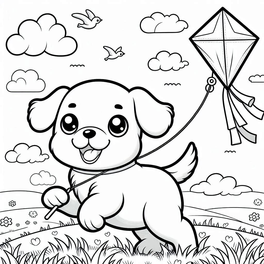 Joyful outdoor dog coloring pages with flying kite