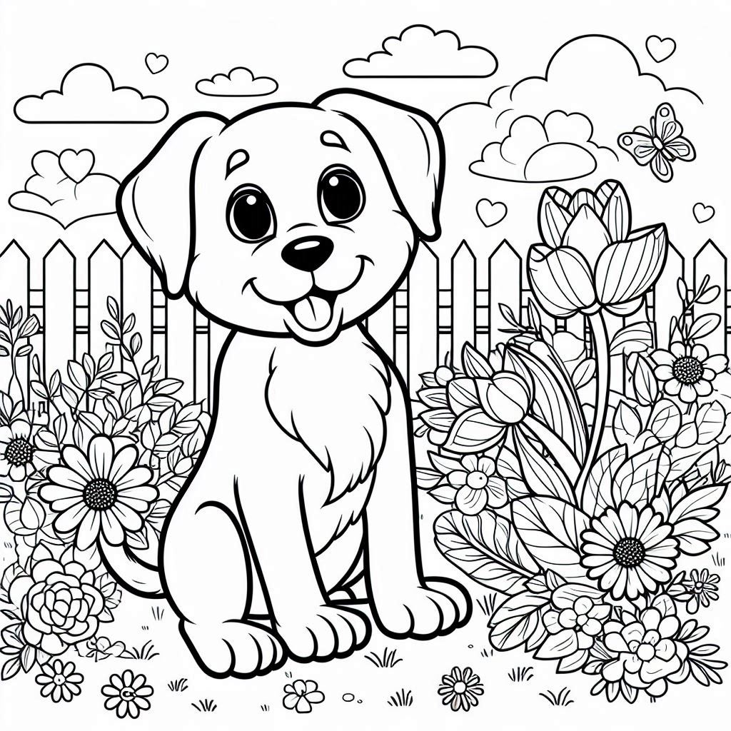 Lovely dog coloring pages with puppy sitting in garden