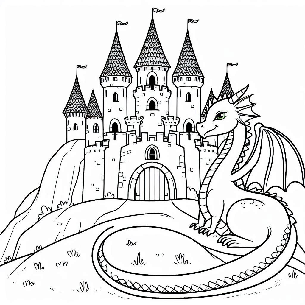 Magical Dragon Guarding Castle Coloring Pages