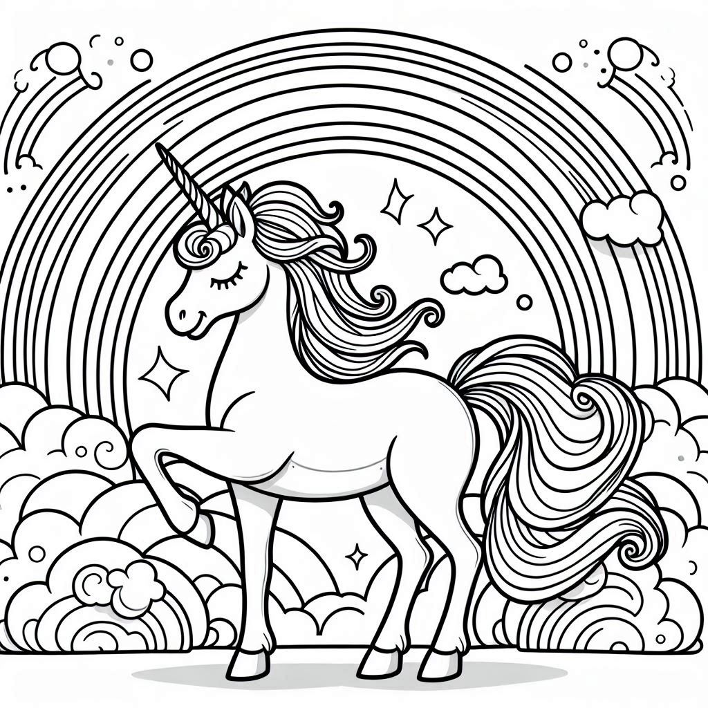 Magical Unicorn Coloring Pages with Rainbows and Clouds