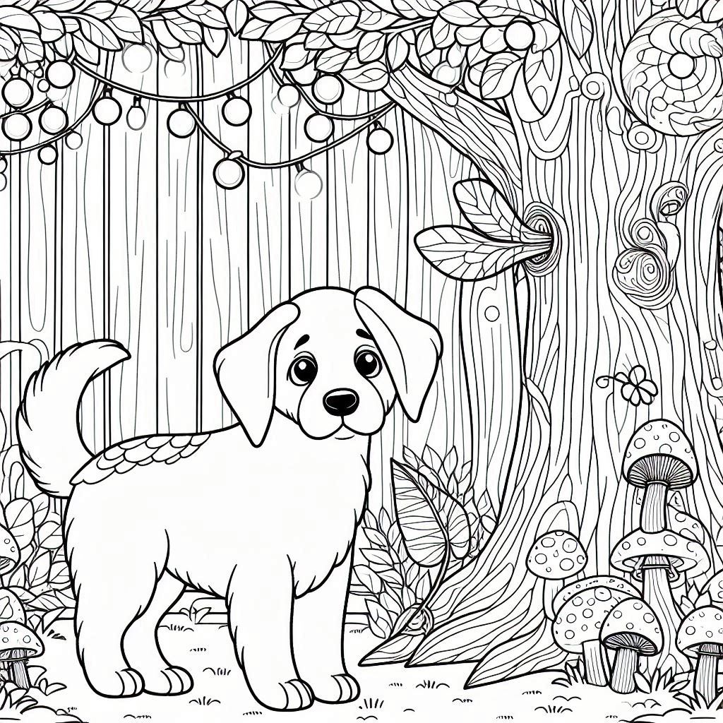 Magical forest scene with dog coloring pages
